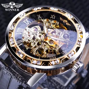 Winner Black Golden Retro Luminous Hands Fashion Diamond Display Watch