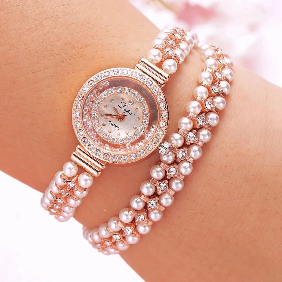 Women Bracelet Watch Women Gold Pearl Jewelry Steel Wristwatch